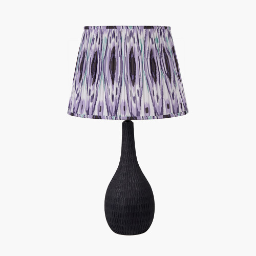 pacific lifestyle Ioan Black Engraved Wood Bottle Table Lamp Base with Izara 40cm Lilac Ikat Patterned Mushroom Pleat Tapered Lampshade