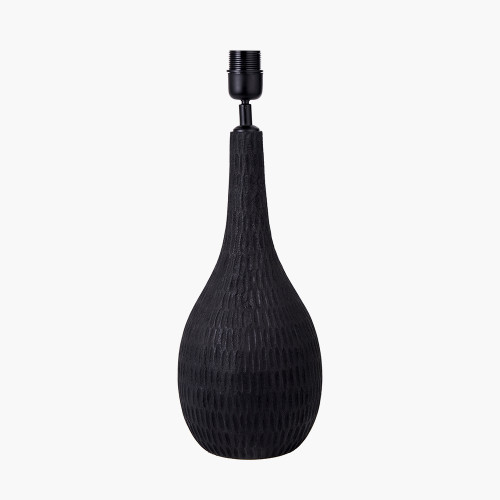 Pacific Lifestyle Ioan Black Engraved Wood Bottle Table Lamp Base With Izara 40cm Ocean Blue Ikat Patterned Mushroom Pleat Tapered Lampshade