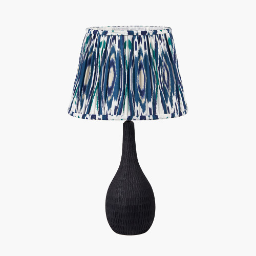 pacific lifestyle Ioan Black Engraved Wood Bottle Table Lamp Base with Izara 40cm Ocean Blue Ikat Patterned Mushroom Pleat Tapered Lampshade