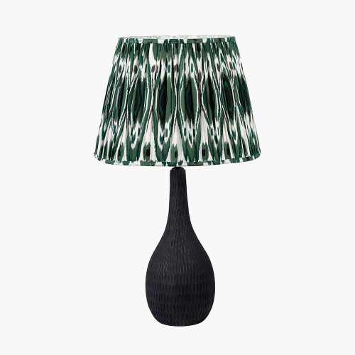 pacific lifestyle Ioan Black Engraved Wood Bottle Table Lamp Base with Izara 40cm Racing Green Ikat Patterned Mushroom Pleat Tapered Lampshade
