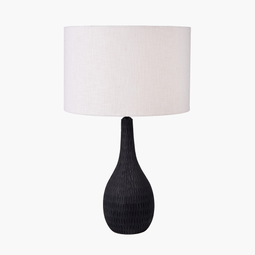 pacific lifestyle Ioan Black Engraved Wood Bottle Table Lamp Base with Lino 40cm White Self Lined Linen Cylinder Lampshade