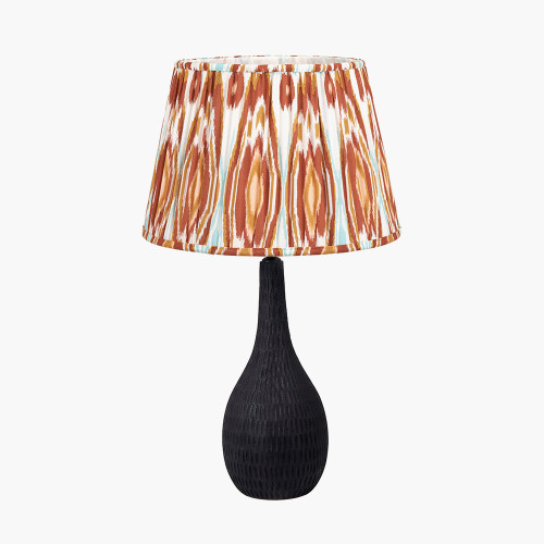 pacific lifestyle Ioan Black Engraved Wood Bottle Table Lamp Base with Izara 40cm Cinnamon Ikat Patterned Mushroom Pleat Tapered Lampshade