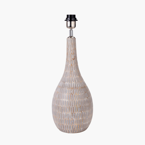 Pacific Lifestyle Ioan Grey Engraved Wood Bottle Table Lamp Base With Lino 40cm White Self Lined Linen Cylinder Lampshade