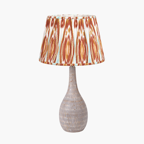 pacific lifestyle Ioan Grey Engraved Wood Bottle Table Lamp Base with Izara 40cm Cinnamon Ikat Patterned Mushroom Pleat Tapered Lampshade