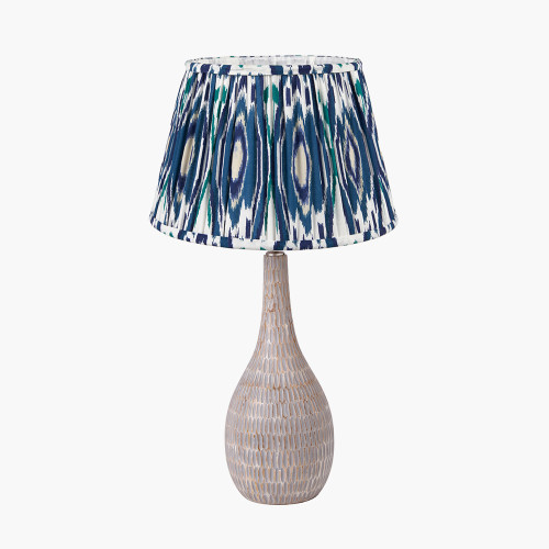 pacific lifestyle Ioan Grey Engraved Wood Bottle Table Lamp Base with Izara 40cm Ocean Blue Ikat Patterned Mushroom Pleat Tapered Lampshade