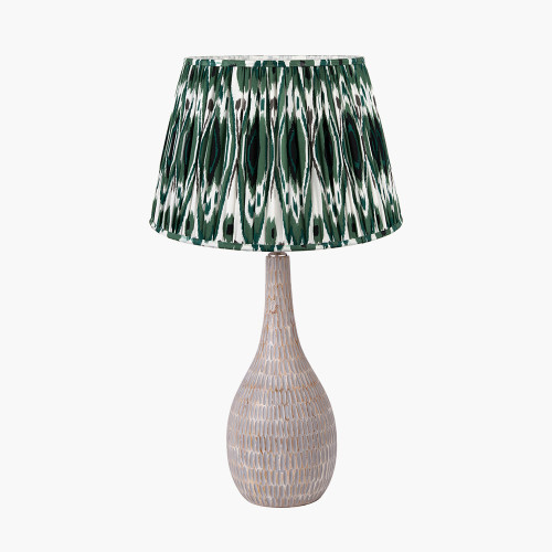 pacific lifestyle Ioan Grey Engraved Wood Bottle Table Lamp Base with Izara 40cm Racing Green Ikat Patterned Mushroom Pleat Tapered Lampshade
