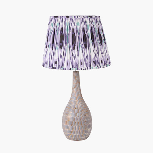pacific lifestyle Ioan Grey Engraved Wood Bottle Table Lamp Base with Izara 40cm Lilac Ikat Patterned Mushroom Pleat Tapered Lampshade