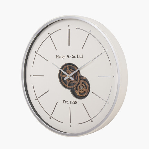 Pacific Lifestyle Ivory And Silver Wood Working Cog Wall Clock