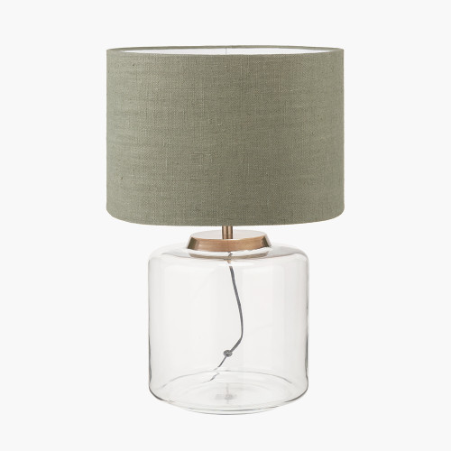 pacific lifestyle Josie Clear Glass and Antique Brass Metal Large Table Lamp Base with Edward 40cm Pistachio Green Linen Cylinder Lampshade