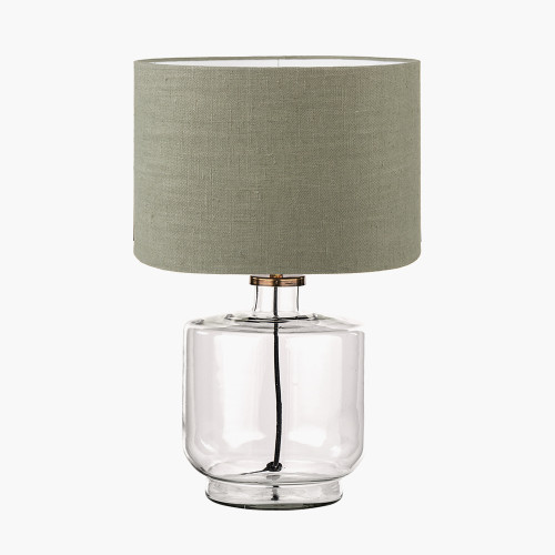 pacific lifestyle Josie Clear Glass and Antique Brass Metal Table Lamp Base with Edward 30cm Pistachio Green Linen Cylinder Lampshade