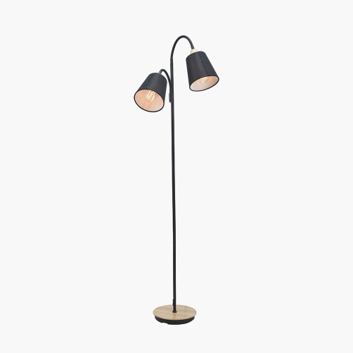 Pacific Lifestyle Juna Black Metal And Natural Wood Two Head Floor Lamp