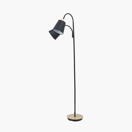 Pacific Lifestyle Juna Black Metal And Natural Wood Two Head Floor Lamp