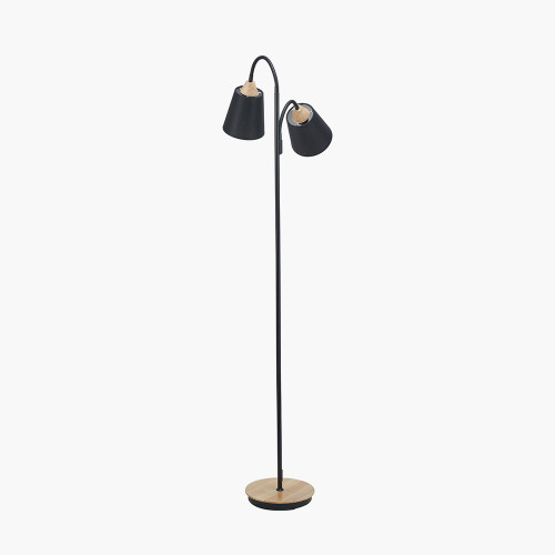 Pacific Lifestyle Juna Black Metal And Natural Wood Two Head Floor Lamp