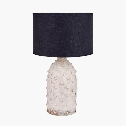 pacific lifestyle Kali Textured Dot Light Grey Stoneware Table Lamp Base with Lino 30cm Black Self Lined Linen Cylinder Lampshade