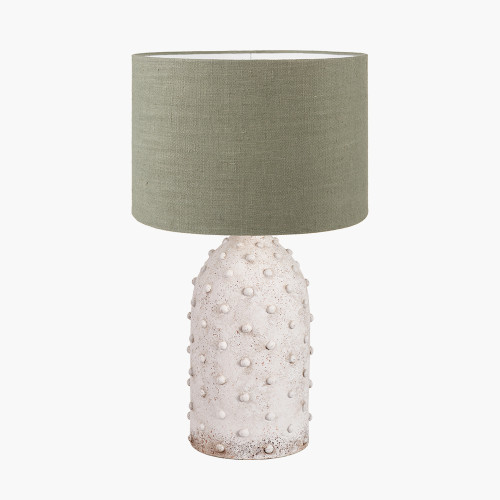 pacific lifestyle Kali Textured Dot Light Grey Stoneware Table Lamp Base with Edward 30cm Pistachio Green Linen Cylinder Lampshade
