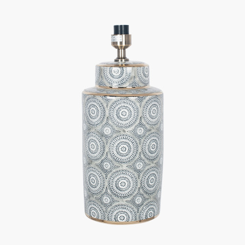 Pacific Lifestyle Kari Circle Pattern Ceramic Table Lamp Base With Harry 40cm Steel Grey Cotton Mix Cylinder Lampshade