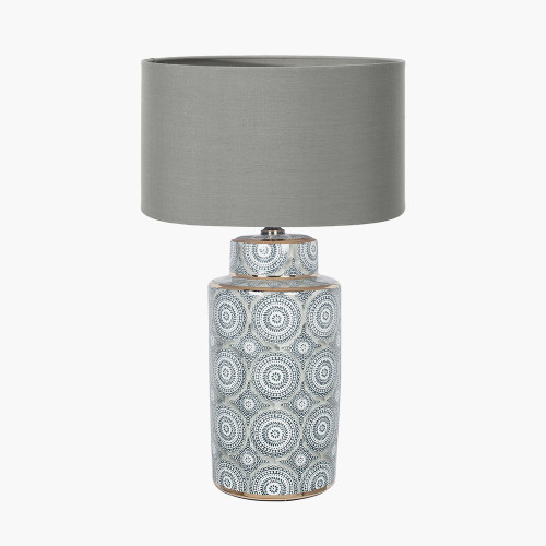 pacific lifestyle Kari Circle Pattern Ceramic Table Lamp Base with Harry 40cm Steel Grey Cotton Mix Cylinder Lampshade