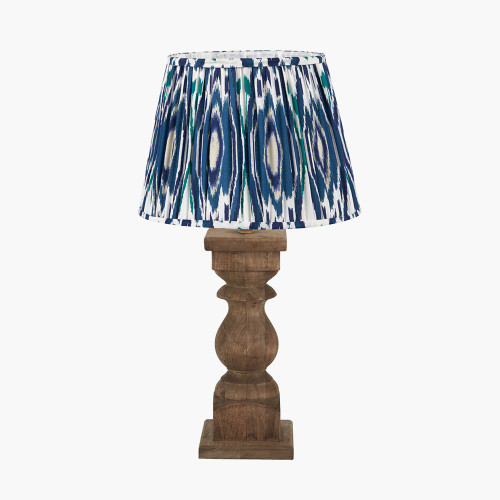 pacific lifestyle Kavya Antique Brown Turned Wood Table Lamp Base with Izara 45cm Ocean Blue Ikat Patterned Mushroom Pleat Tapered Lampshade
