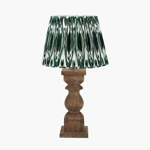 pacific lifestyle Kavya Antique Brown Turned Wood Table Lamp Base with Izara 45cm Racing Green Ikat Patterned Mushroom Pleat Tapered Lampshade