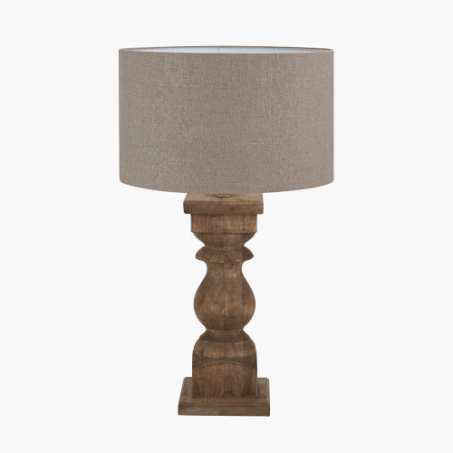 pacific lifestyle Kavya Antique Brown Turned Wood Table Lamp Base with Edward 45cm Natural Linen Cylinder Lampshade