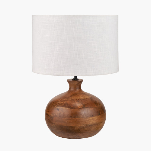 pacific lifestyle Kiah Brown Oiled Finish Mango Wood Round Table Lamp Base with Lino 40cm White Self Lined Linen Cylinder Lampshade