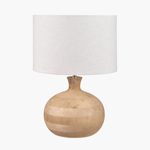 pacific lifestyle Kiah Natural Mango Wood Round Table Lamp Base with Lino 40cm White Self Lined Linen Cylinder Lampshade