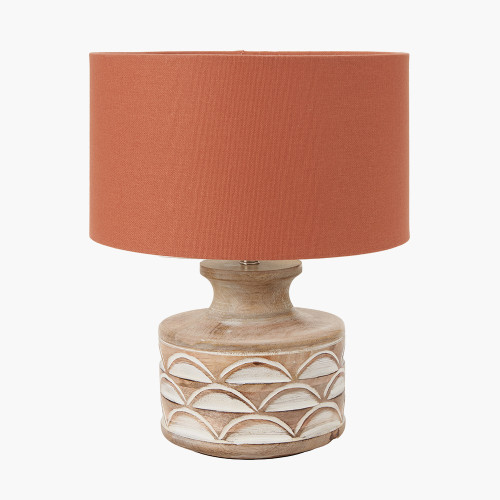 pacific lifestyle Kingsbury White Wash Carved Wood Table Lamp Base with Lino 30cm Cinnamon Self Lined Linen Cylinder Lampshade