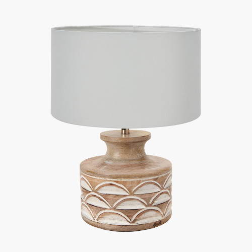 pacific lifestyle Kingsbury White Wash Carved Wood Table Lamp Base with Harry 30cm Ivory Cotton Mix Cylinder Lampshade