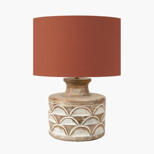 pacific lifestyle Kingsbury White Wash Large Carved Wood Table Lamp Base with Lino 40cm Cinnamon Self Lined Linen Cylinder Lampshade
