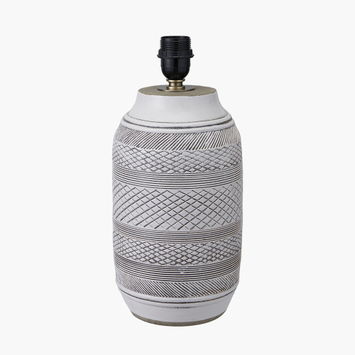 Pacific Lifestyle Kira White And Black Textured Stoneware Table Lamp Base With Lino 35cm Steel Grey Self Lined Linen Cylinder Lampshade