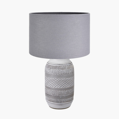 pacific lifestyle Kira White and Black Textured Stoneware Table Lamp Base with Lino 35cm Steel Grey Self Lined Linen Cylinder Lampshade