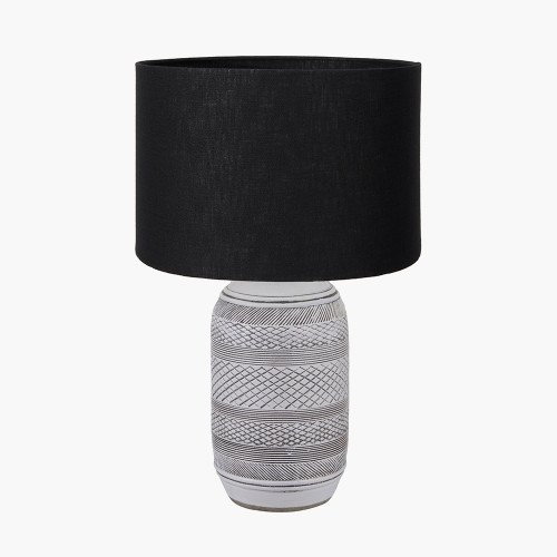 pacific lifestyle Kira White and Black Textured Stoneware Table Lamp Base with Lino 35cm Black Self Lined Linen Cylinder Lampshade