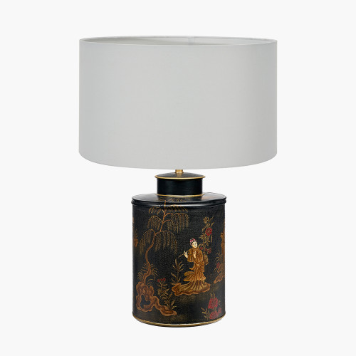 pacific lifestyle Landscape Black Hand Painted Metal Table Lamp Base with Harry 35cm Ivory Cotton Mix Cylinder Lampshade