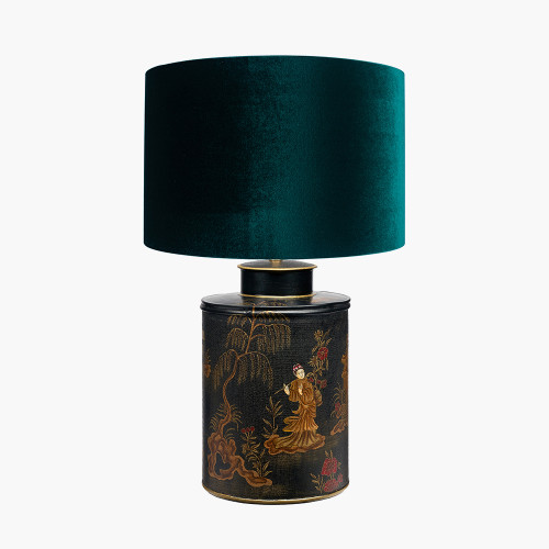 pacific lifestyle Landscape Black Hand Painted Metal Table Lamp Base with Bow 35cm Forest Green Velvet Cylinder Lampshade