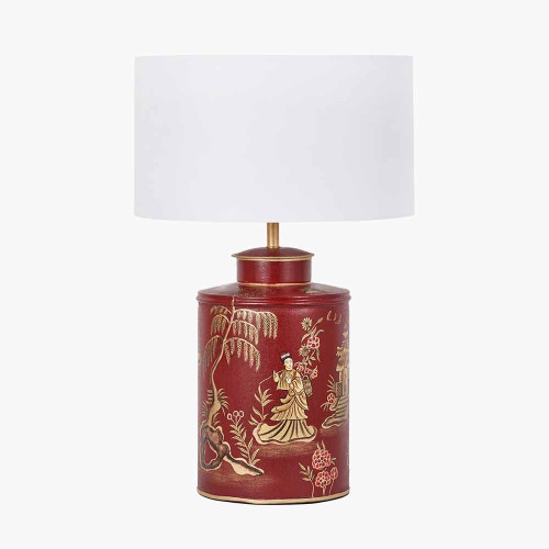 pacific lifestyle Landscape Red Hand Painted Metal Table Lamp Base with Harry 35cm Ivory Cotton Mix Cylinder Lampshade