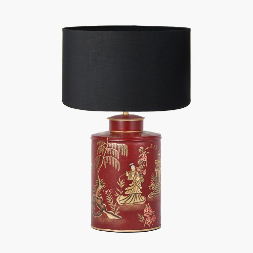 pacific lifestyle Landscape Red Hand Painted Metal Table Lamp Base with Harry 35cm Black Cotton Mix Cylinder Lampshade