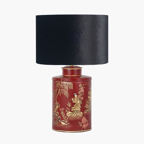 pacific lifestyle Landscape Red Hand Painted Metal Table Lamp Base with Bow 35cm Black Velvet Cylinder Lampshade