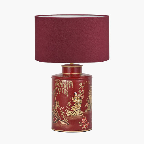 pacific lifestyle Landscape Red Hand Painted Metal Table Lamp Base with Henry 35cm Mulberry Handloom Cylinder Lampshade