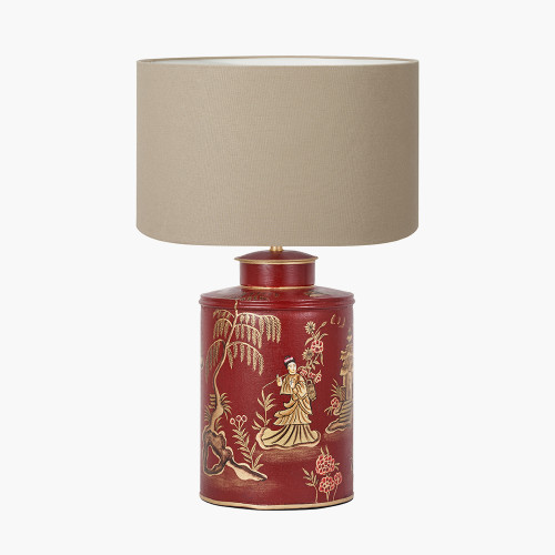 pacific lifestyle Landscape Red Hand Painted Metal Table Lamp Base with Henry 35cm Taupe Handloom Cylinder Lampshade