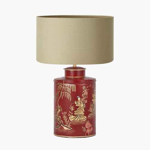pacific lifestyle Landscape Red Hand Painted Metal Table Lamp Base with Harry 35cm Taupe Cotton Mix Cylinder Lampshade