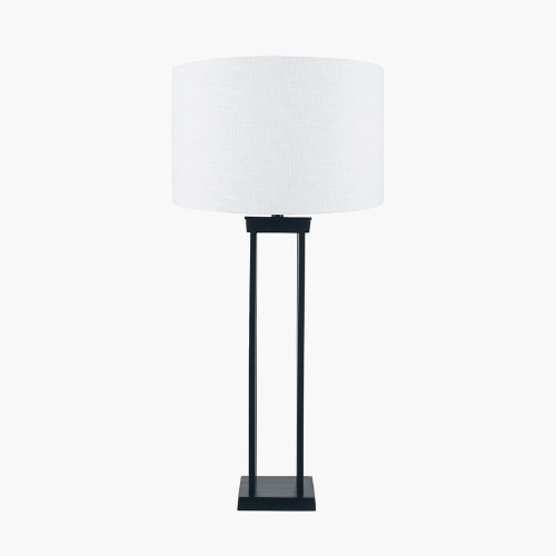 pacific lifestyle Langston Matt Black Metal Column Table Lamp Base with Lino 40cm White Self Lined Linen Cylinder Lampshade