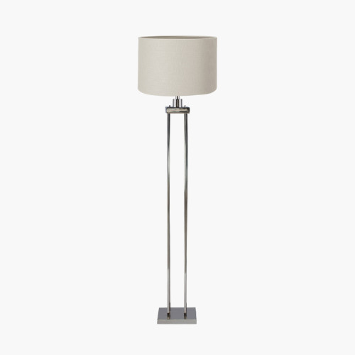 pacific lifestyle Langston Nickel Metal Column Floor Lamp Base with Lino 45cm Grey Self Lined Linen Cylinder Lampshade