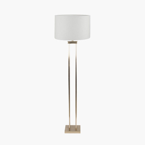 pacific lifestyle Langston Satin Brass Metal Column Floor Lamp Base with Lino 45cm White Self Lined Linen Cylinder Lampshade