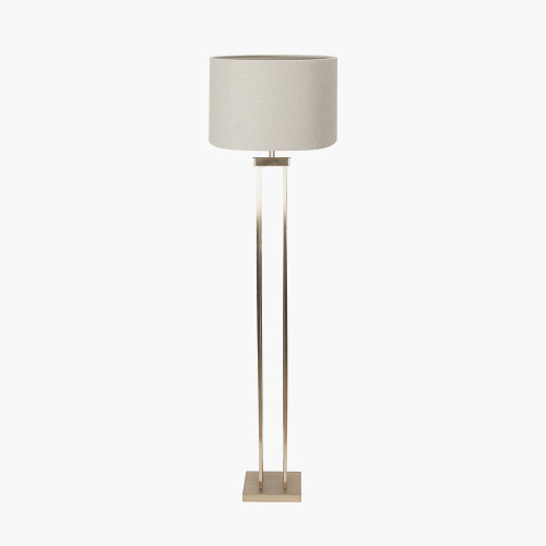 pacific lifestyle Langston Satin Brass Metal Column Floor Lamp Base with Lino 45cm Grey Self Lined Linen Cylinder Lampshade