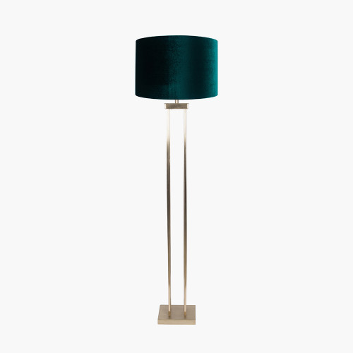 pacific lifestyle Langston Satin Brass Metal Column Floor Lamp Base with Bow 45cm Forest Green Velvet Cylinder Lampshade