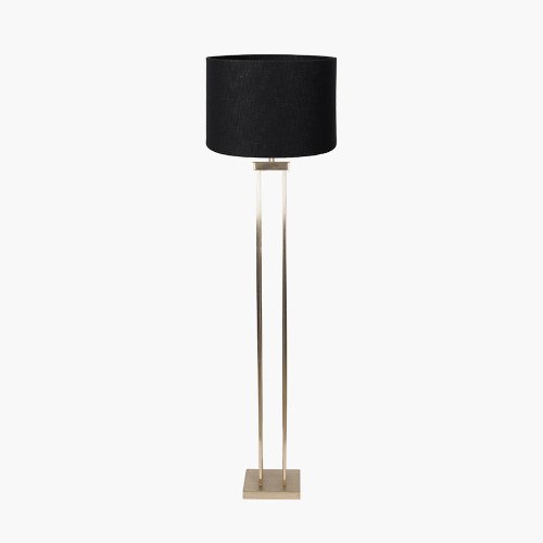 pacific lifestyle Langston Satin Brass Metal Column Floor Lamp Base with Lino 45cm Black Self Lined Linen Cylinder Lampshade