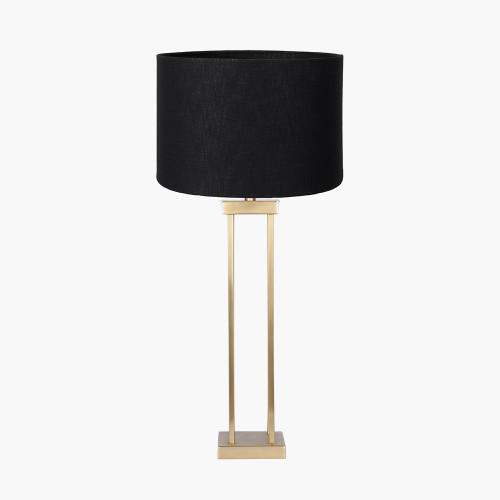 pacific lifestyle Langston Satin Brass Metal Column Table Lamp Base with Lino 40cm Black Self Lined Linen Cylinder Lampshade