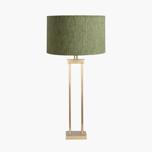pacific lifestyle Langston Satin Brass Metal Column Table Lamp Base with Stellan 40cm Green Slubbed Silk Mix Gold Lined Cylinder Lampshade
