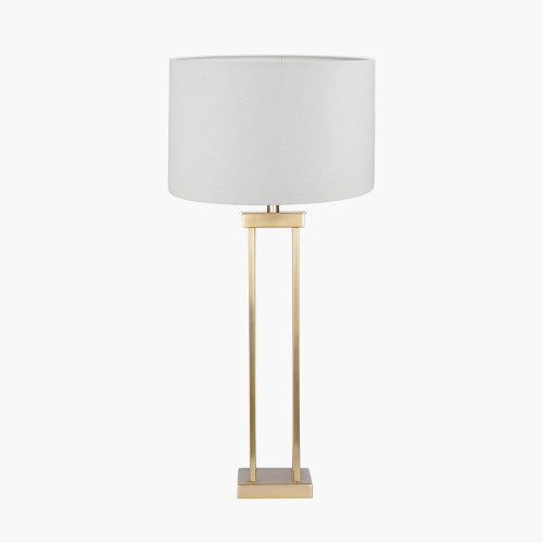 pacific lifestyle Langston Satin Brass Metal Column Table Lamp Base with Lino 40cm White Self Lined Linen Cylinder Lampshade