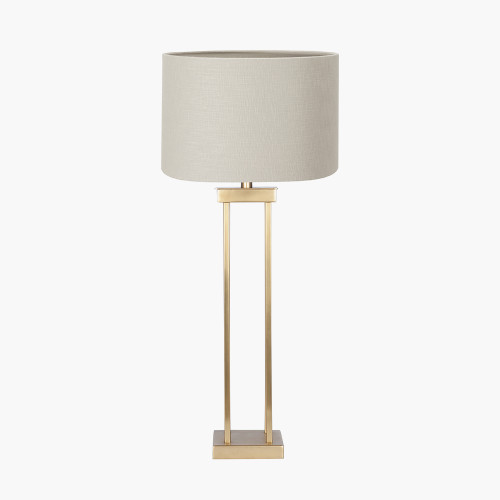 pacific lifestyle Langston Satin Brass Metal Column Table Lamp Base with Lino 40cm Grey Self Lined Linen Cylinder Lampshade